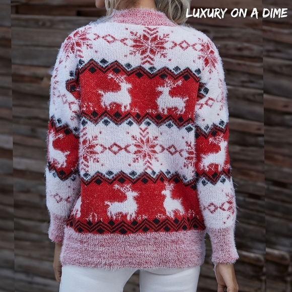 Fuzzy Fair Isle Snowflake Reindeer Red Knit Shirt Holiday Minimalist Sweater Top - Picture 4 of 7